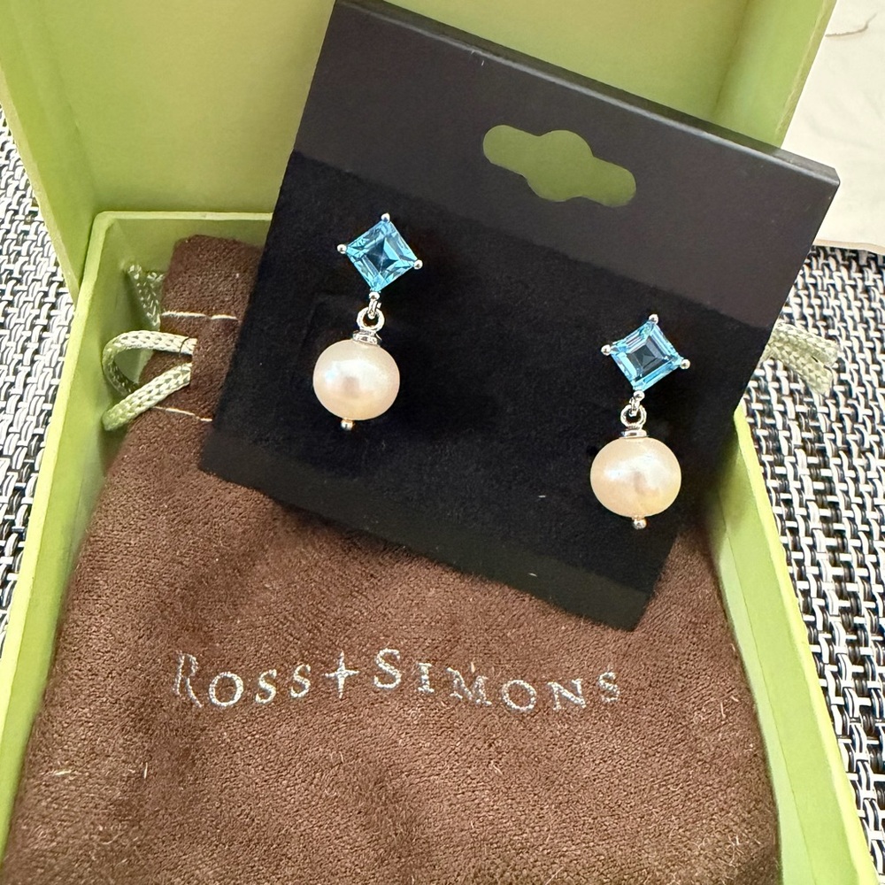 Ross-Simons SS Square Genuine Aquamarine and FWP  Dangle Earrings NEW!